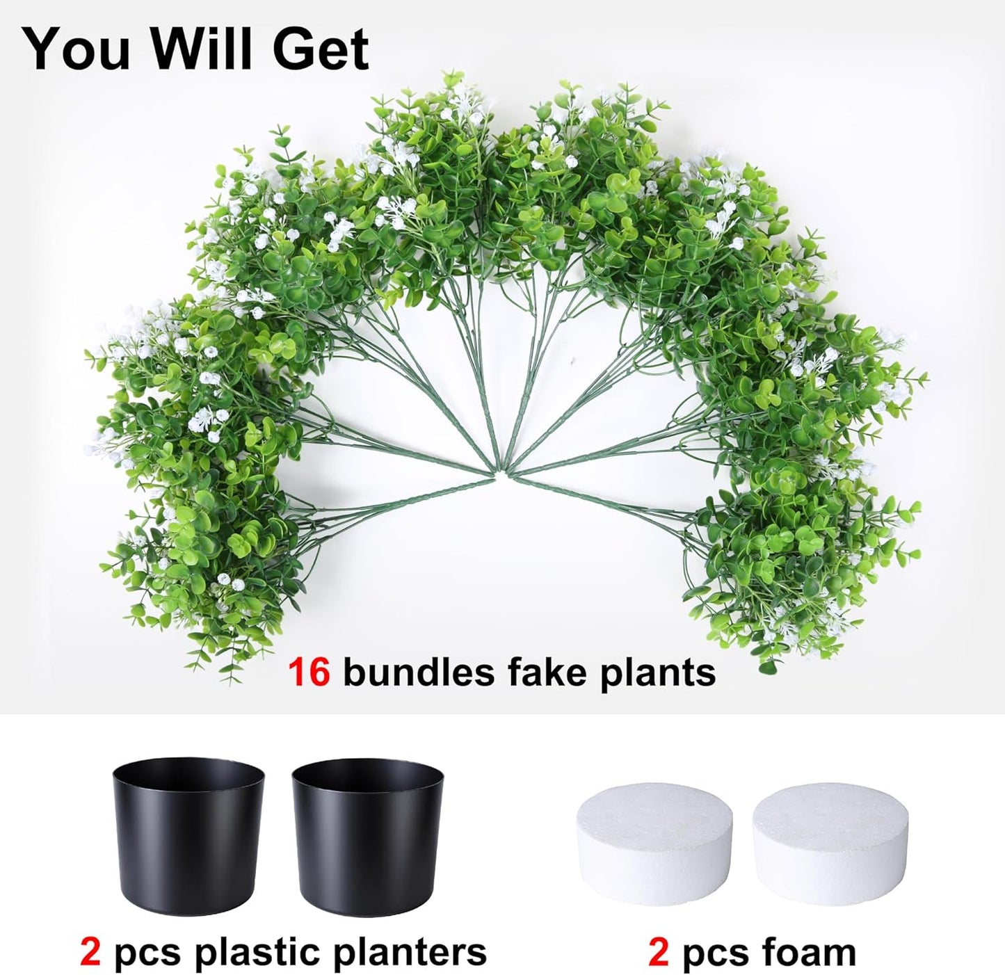 Fake Plants Artificial Flowers for Outdoors Decor, 2 Pack Fake Potted Plants Baby Breath With Green Eucalyptus Look Real UV Resistant Artificial Greenery with Pot for Outside Porch Garden Patio Yard