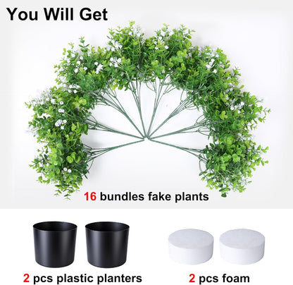 Fake Plants Artificial Flowers for Outdoors Decor, 2 Pack Fake Potted Plants Baby Breath With Green Eucalyptus Look Real UV Resistant Artificial Greenery with Pot for Outside Porch Garden Patio Yard