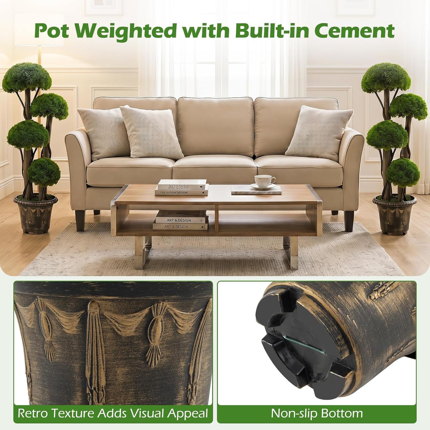 3 FT Artificial Cypress Topiary Ball Tree, Faux Greenery Plant with Cement-Filled Planter, Vines, Real Wood Trunks, Indoor Outdoor Fake Shrub Plant for Office Home Front Porch Decor