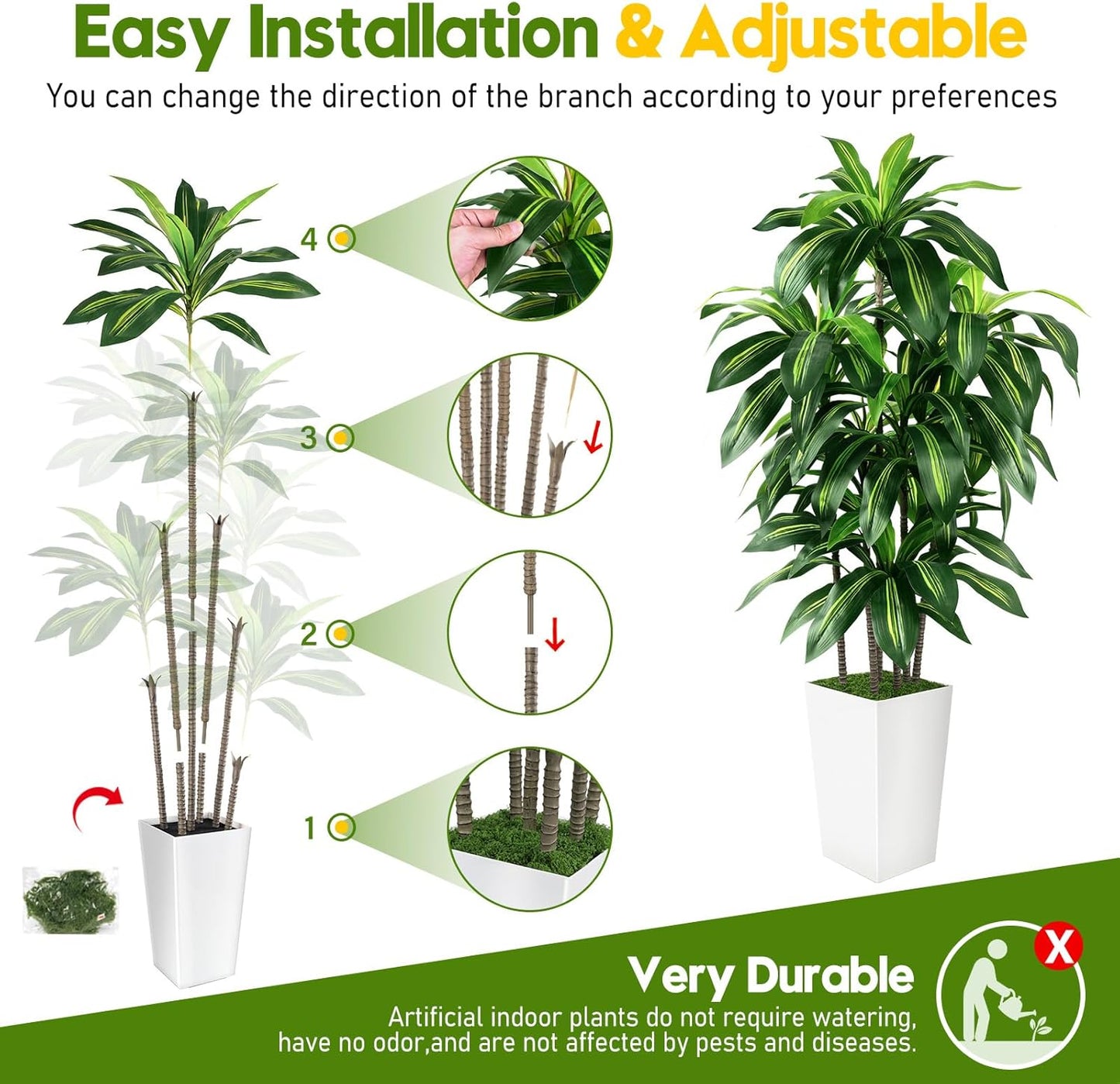 Artificial Dracaena Tree Indoor, 5FT Tall Fake Tree with White Tall Planter, Artificial Tree Fake Yucca Potted Tree for Home Office Living Room Decor, Tall Artificial Plant for Housewarming