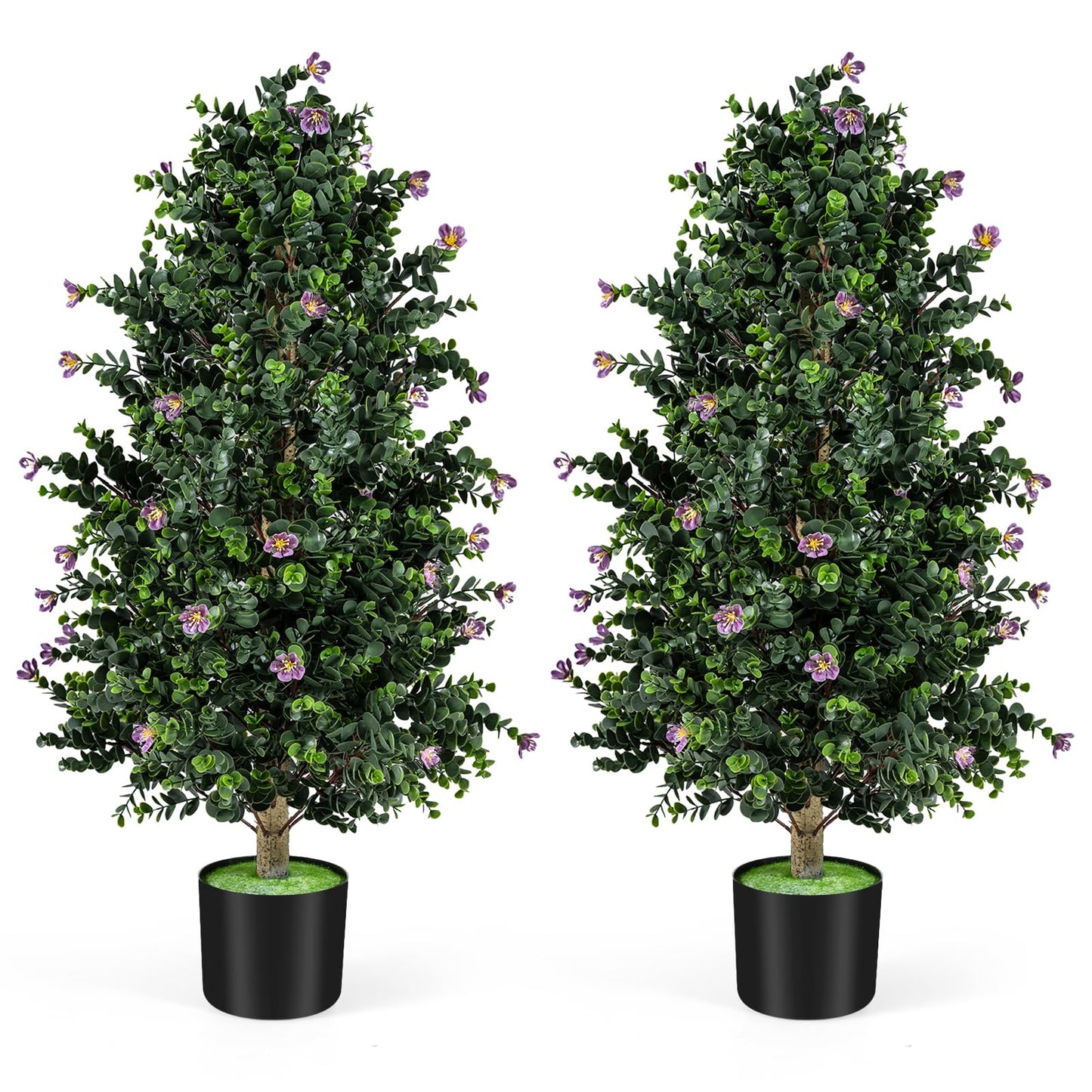 36" Artificial Topiary Cone Tree, Faux Potted Shrub Plant w/49 Flowers, Sun-Resistant Indoor Outdoor Evergreen Decoration for Home, Office, Front Porch