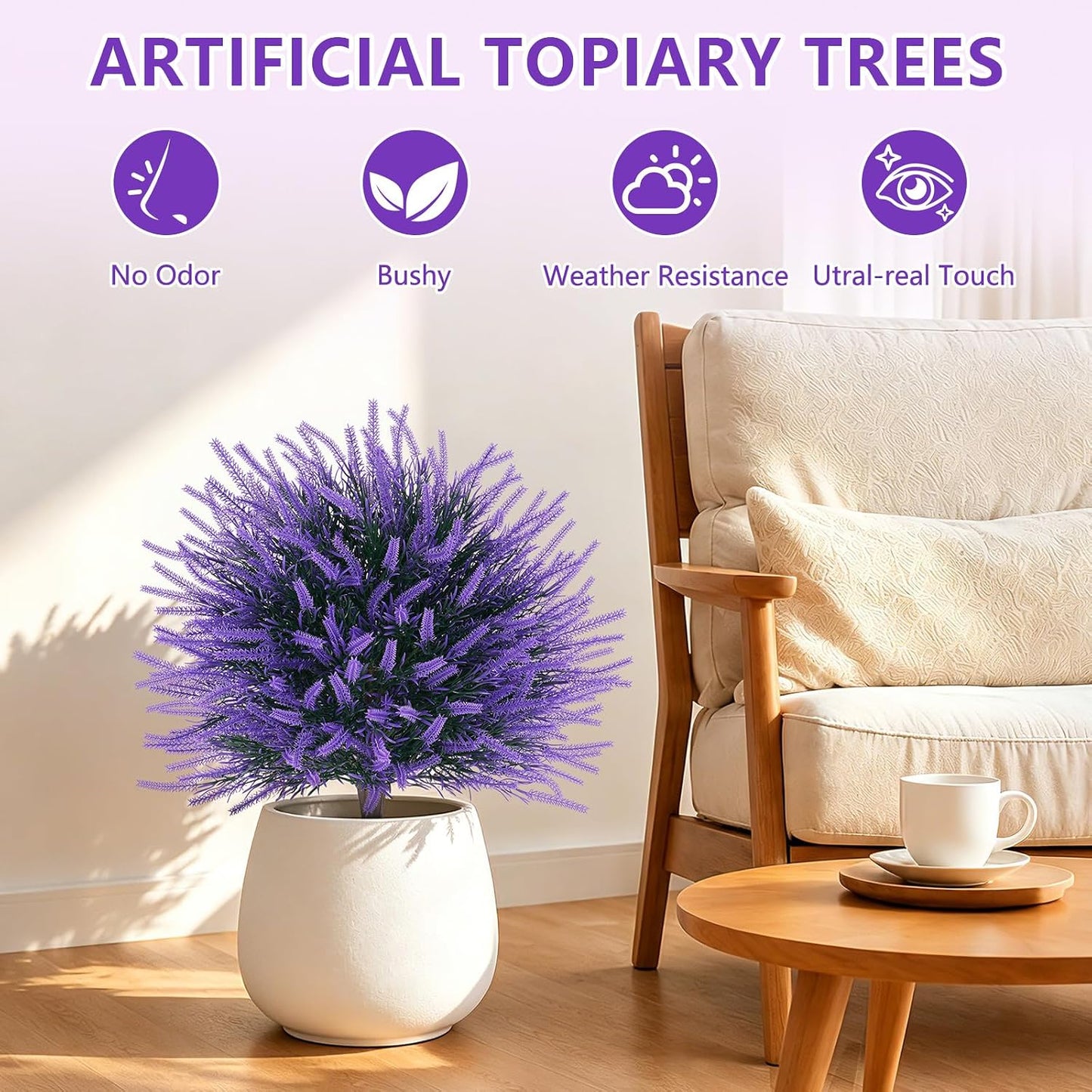 Artificial Lavender Topiary Ball with Ground Spike, UV Resistant Faux Outdoor Plant for Garden Patio Porch Decor, Free-Maintenance Fake Flowers
