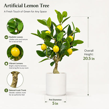 Artificial Lemon Tree 20.5 Inches Tall, Fake Potted Citrus Plant with Lemons and White Pot, Faux Fruit Plant Medium Fake Houseplant for Indoor Home Office Desk Room Table Decor
