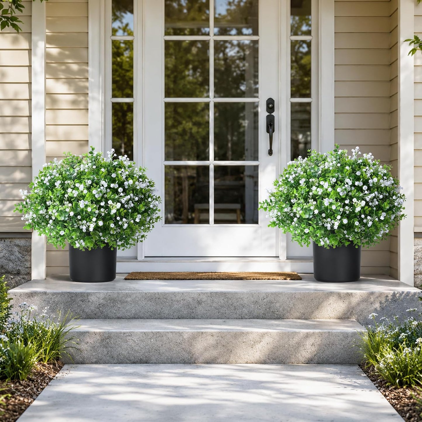 Fake Plants Artificial Flowers for Outdoors Decor, 2 Pack Fake Potted Plants Baby Breath With Green Eucalyptus Look Real UV Resistant Artificial Greenery with Pot for Outside Porch Garden Patio Yard