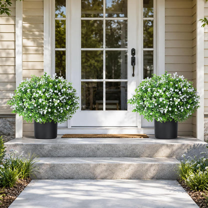 Fake Plants Artificial Flowers for Outdoors Decor, 2 Pack Fake Potted Plants Baby Breath With Green Eucalyptus Look Real UV Resistant Artificial Greenery with Pot for Outside Porch Garden Patio Yard