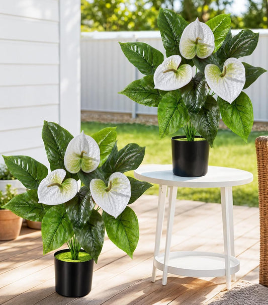 2 Pack Anthurium Artificial Flowers Plants with Pots for Indoor Outdoor Decoration, Realistic Fake Potted Plants, UV Resistant Faux Tropical Greenery for Home Office Garden (White, 21.6")