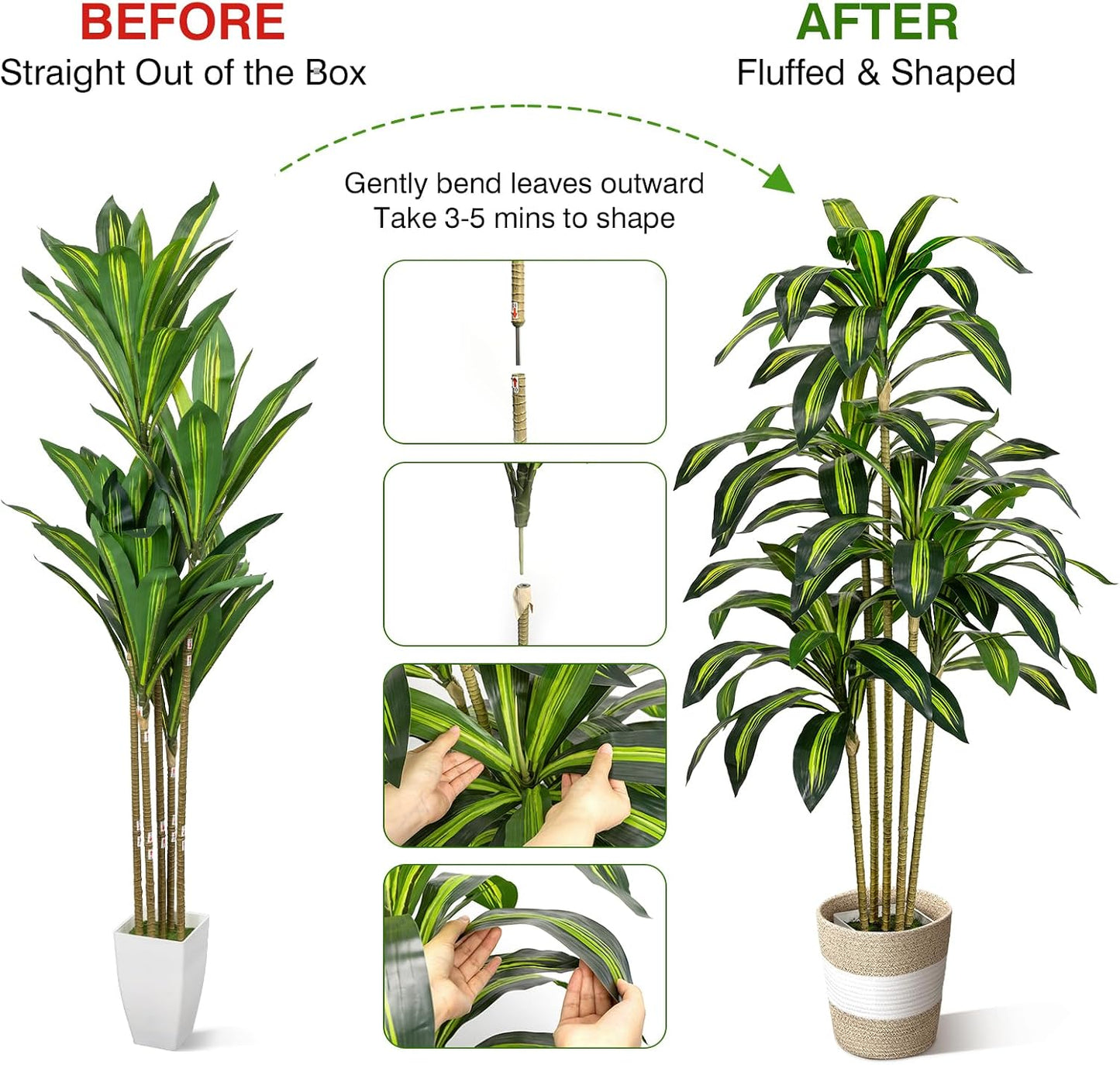 5FT Artificial Dracaena Tree - Tall Faux Dracaena with White Planter, Artificial Plants Indoor, Fake Plant Build Boho-Chic Basket, Fake Tree for Outdoor Home Office Decor
