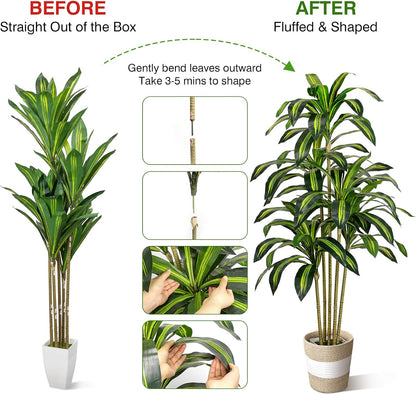 5FT Artificial Dracaena Tree - Tall Faux Dracaena with White Planter, Artificial Plants Indoor, Fake Plant Build Boho-Chic Basket, Fake Tree for Outdoor Home Office Decor