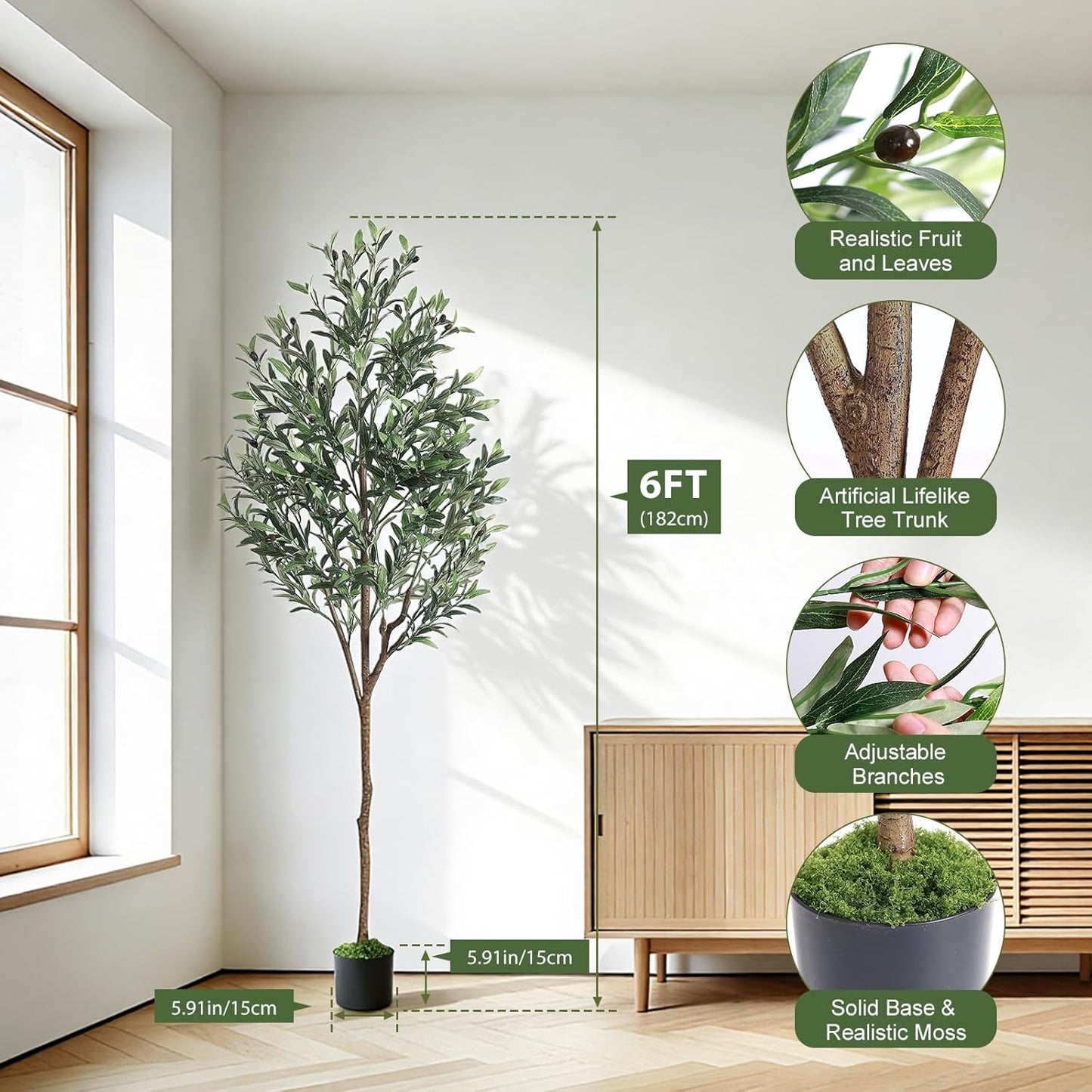 Alupssuc 6ft Olive Tree Artificial Indoor, Fake Tree Potted Faux Olive Trees with Lifelike Fruits and Realistic Leaves, Artificial Plants Indoor Fake Plants for Modern Home Office Living Room Decor
