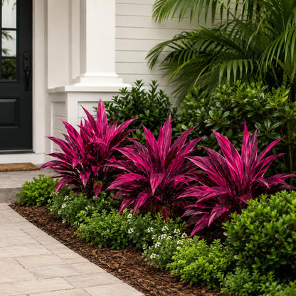 Waydress 6 Pcs Artificial Tropical Plants Faux Cordyline Fruticosa Logs Fake Boston Ferns UV Resistant Artificial Outdoor Greenery Pink Purple for Garden Patio Balcony Porch Yard Home Decor