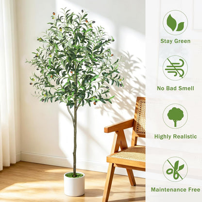 6ft Olive Trees Artificial Indoor with Pot, Faux Fake Olive Tree with Realistic Wood Trunk and Lifelike Fruits, Large Faux Plant for Home Living Room Entryway Office Decor