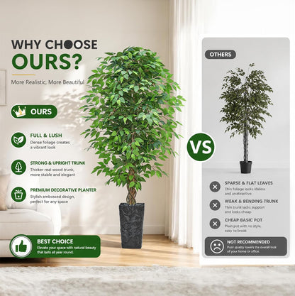 6FT Artificial Ficus Tree, Tall Fake Ficus Tree with Natural Wood Trunk & Silk Leaves, Large Artificial Plant Indoor for Home Living Room Office Bedroom Decor