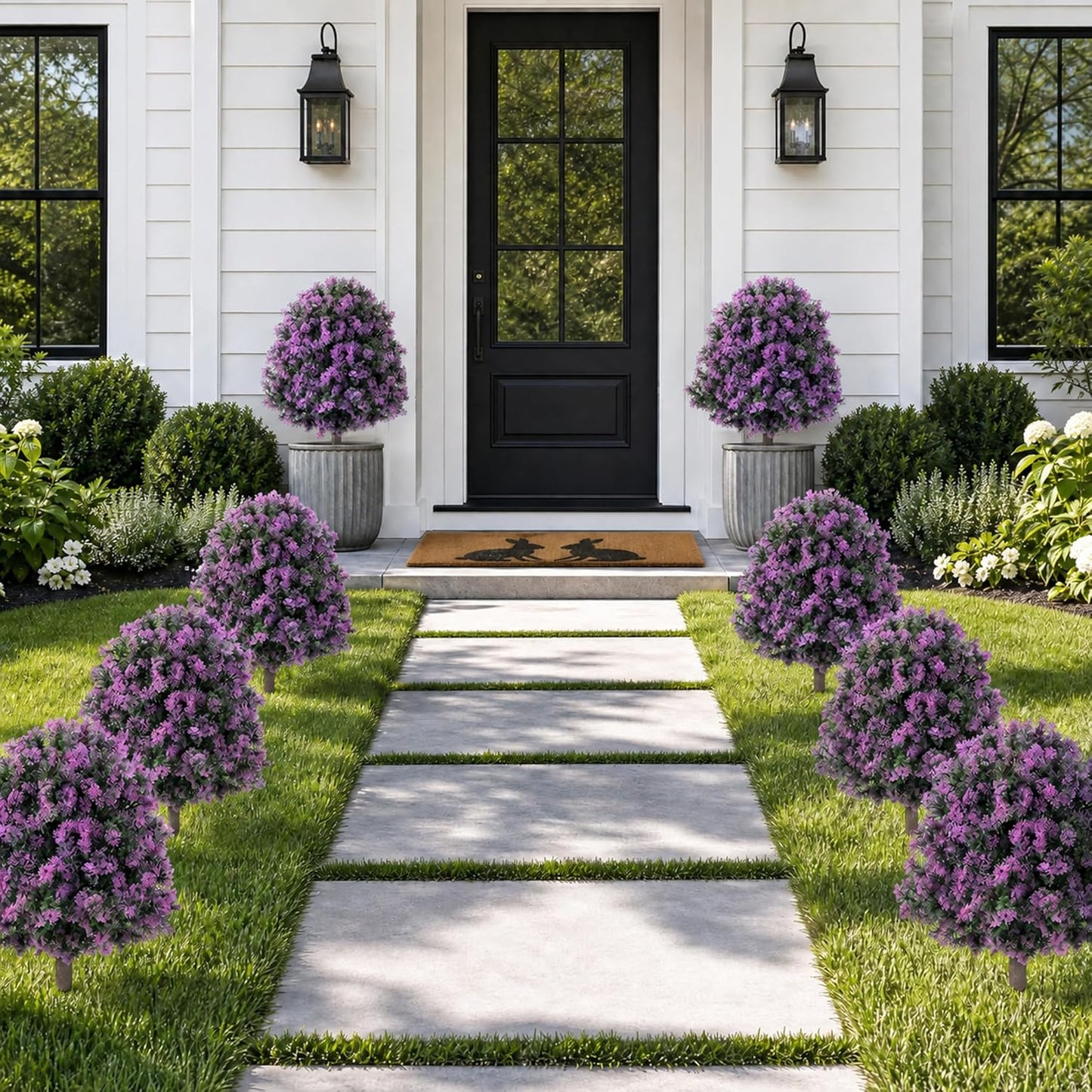 Cedar Topiary Ball Trees - Outdoor29" H X 21" W Artificial Cedar Bushes with Stakes for Porch Planters Decor - Purple Faux Cypress Shrubs Plants for Garden Yard Patio Urn Fillers
