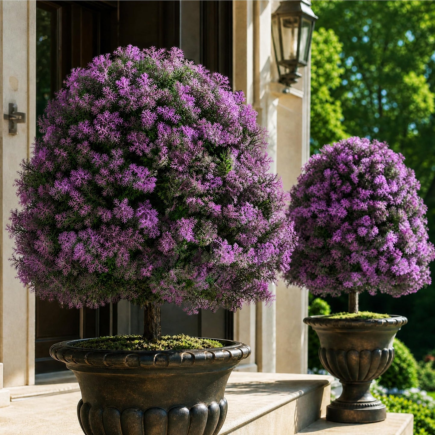 Cedar Topiary Ball Trees - Outdoor29" H X 21" W Artificial Cedar Bushes with Stakes for Porch Planters Decor - Purple Faux Cypress Shrubs Plants for Garden Yard Patio Urn Fillers