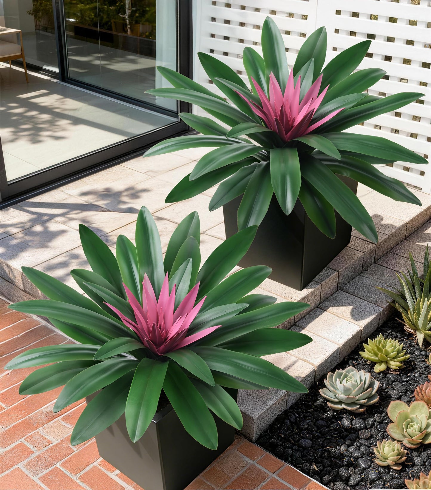DREAMLOOM Fake Plants, 2 Pcs 21.7 Inch Bromeliads Large Artificial Plants Outdoor Faux Plants UV Resistant Realistic Tropical Greenery Outside for Planter Porch Patio Yard Garden Indoor