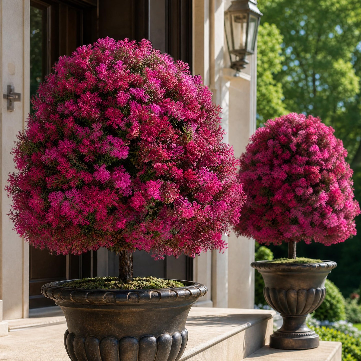 Cedar Topiary Ball Trees - Outdoor29" H X 21" W Artificial Cedar Bushes with Stakes for Porch Planters Decor - Purple Faux Cypress Shrubs Plants for Garden Yard Patio Urn Fillers