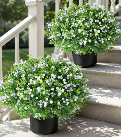 Fake Plants Artificial Flowers for Outdoors Decor, 2 Pack Fake Potted Plants Baby Breath With Green Eucalyptus Look Real UV Resistant Artificial Greenery with Pot for Outside Porch Garden Patio Yard