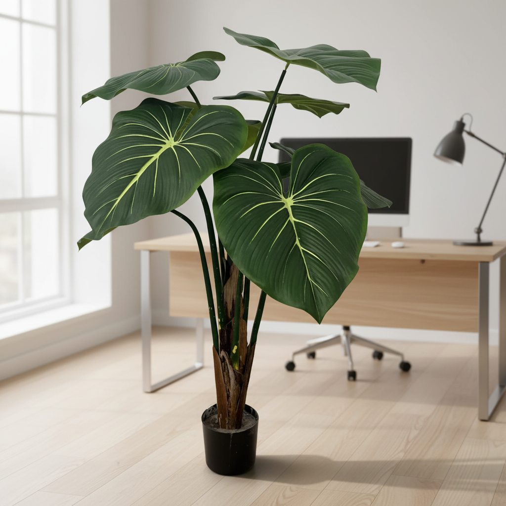 PLANTVERO T8 Plastic Artificial Green Tropical Landscape Big Leaf Tree 4ft Home Decoration for Restaurants Hotels Weddings