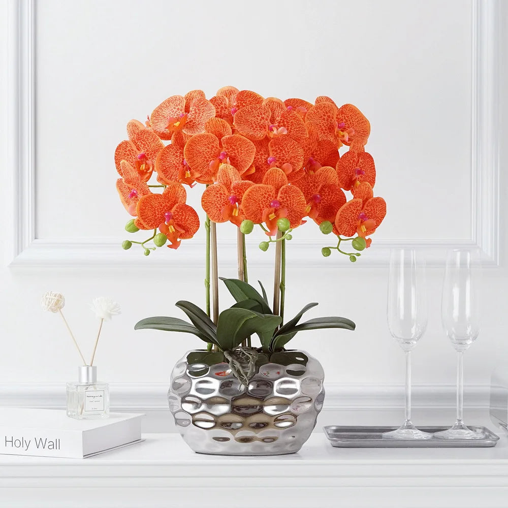 Wholesale Home and Garden Decoration Artificial Orchid Plant with Plastic Leaves and Flowers