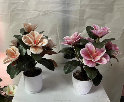 Artificial Plastic Magnolia Potted Trees Realistic Flowered Plants