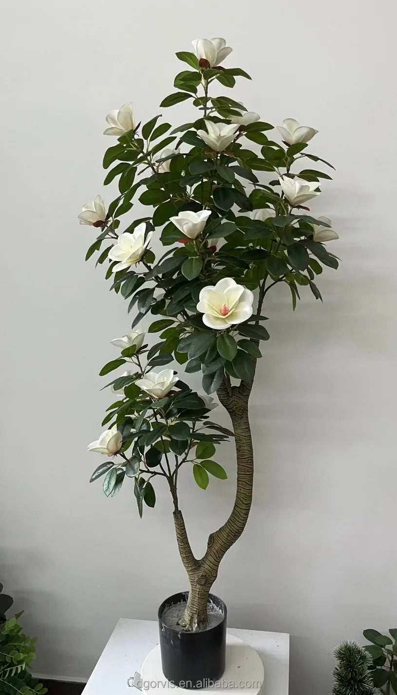 Artificial Plastic Magnolia Potted Trees Realistic Flowered Plants