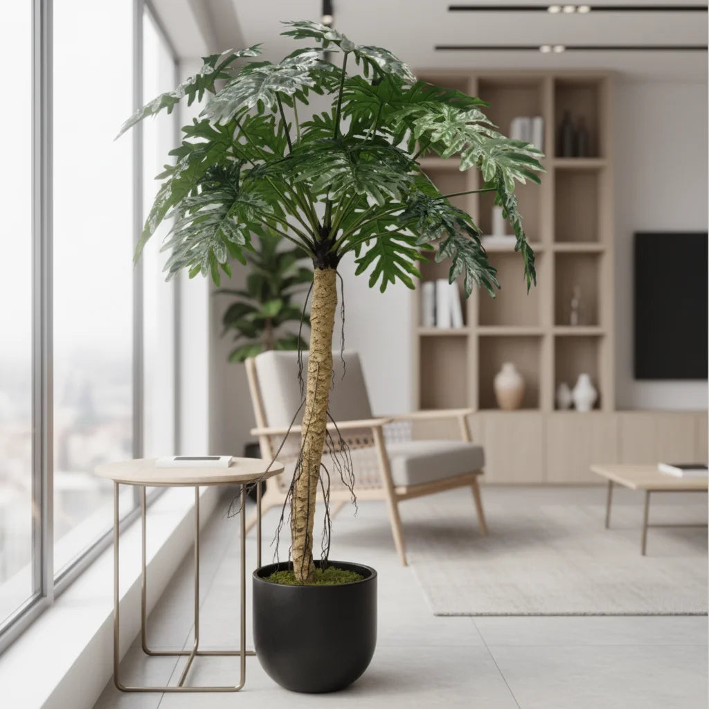 Leaf Calathea Bonsai Faux Plant UV Resistant Green Artificial Tree Tropical Design Made of Fabric and Plastic Monstera Style