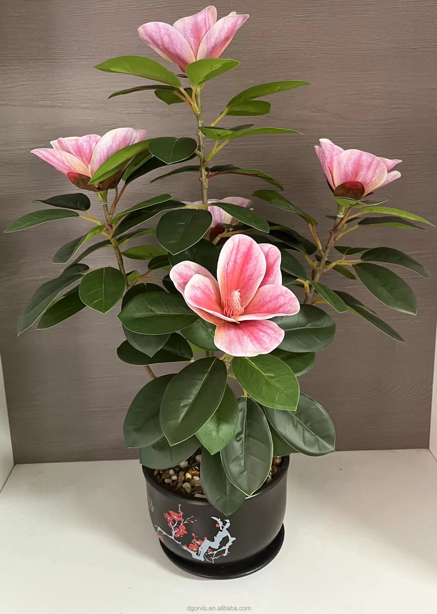 Artificial Plastic Magnolia Potted Trees Realistic Flowered Plants