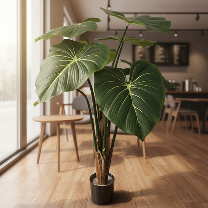 PLANTVERO T8 Plastic Artificial Green Tropical Landscape Big Leaf Tree 4ft Home Decoration for Restaurants Hotels Weddings