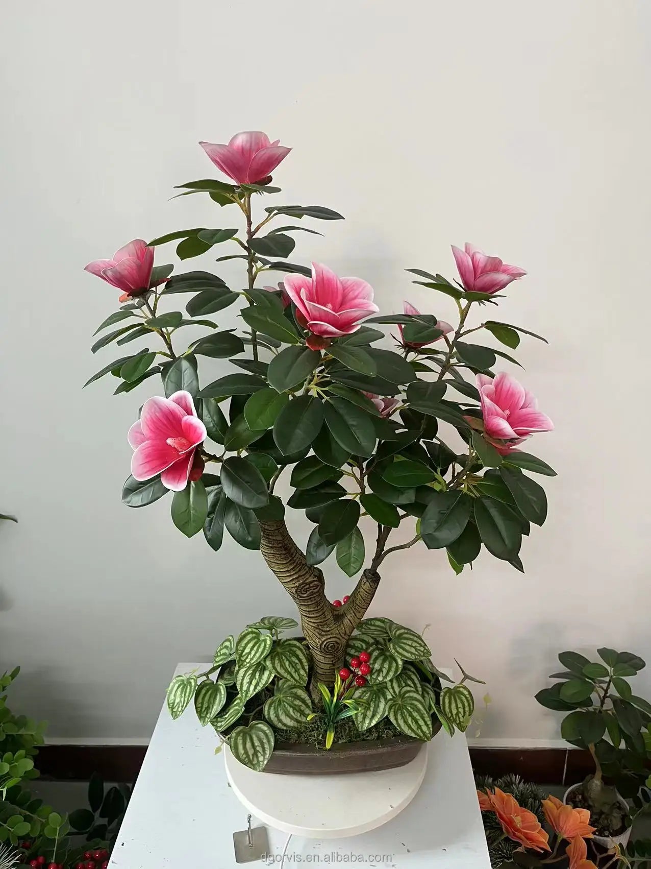 Artificial Plastic Magnolia Potted Trees Realistic Flowered Plants