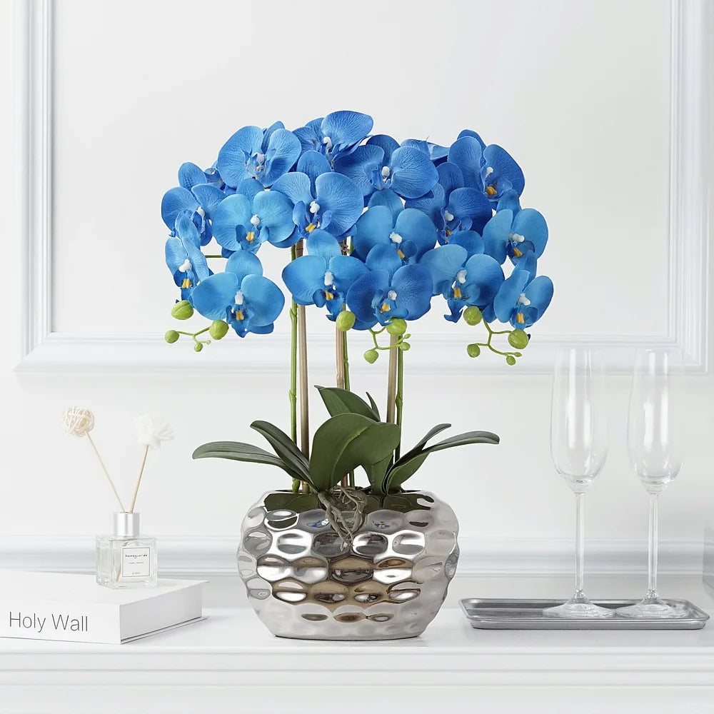 Wholesale Home and Garden Decoration Artificial Orchid Plant with Plastic Leaves and Flowers
