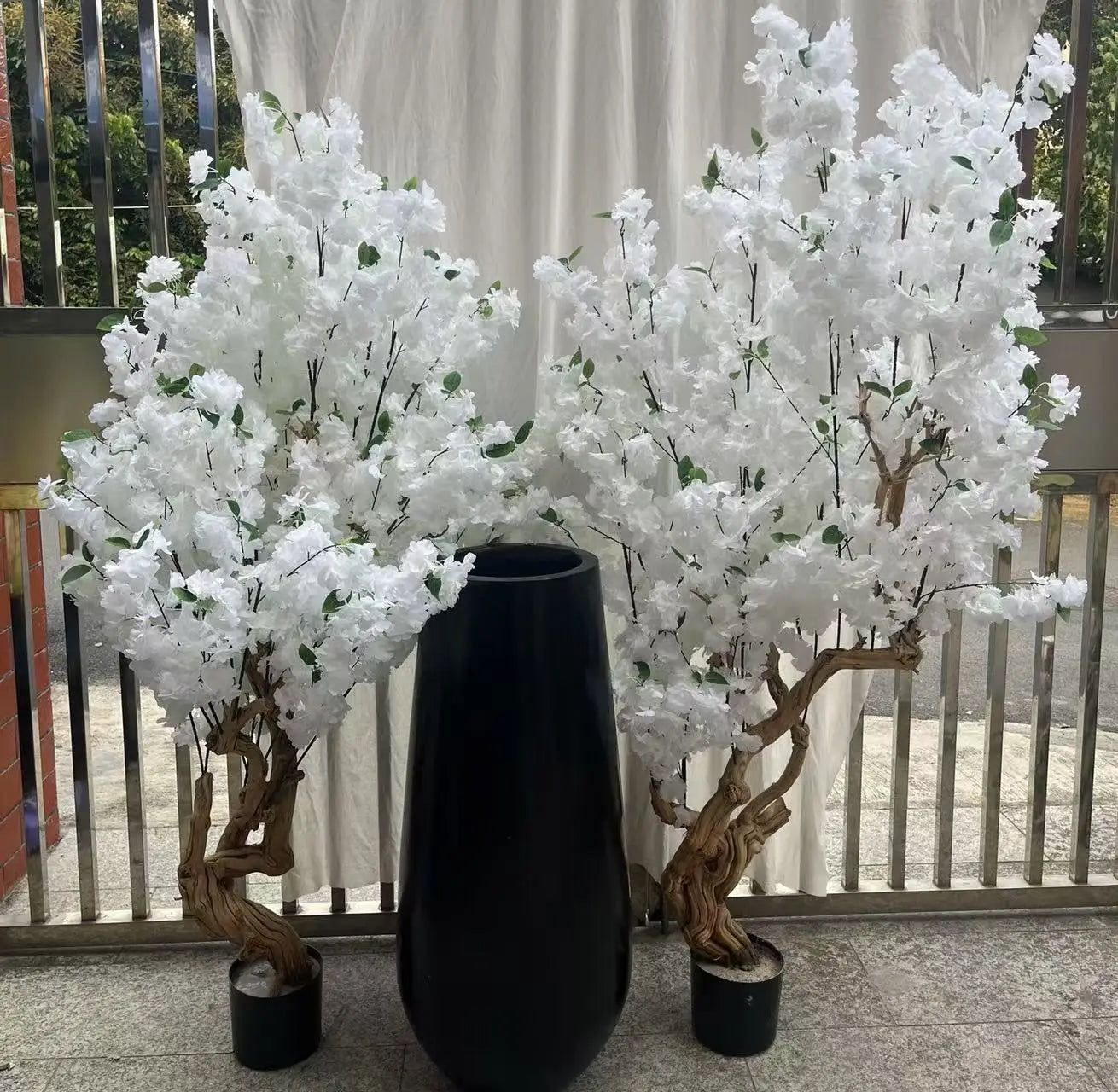 White Cherry Blossom Trees Artificial PE Trunk with Silk Grass Eco-Friendly Lightweight  for Indoor/Outdoor Use