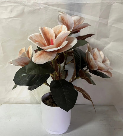 Artificial Plastic Magnolia Potted Trees Realistic Flowered Plants