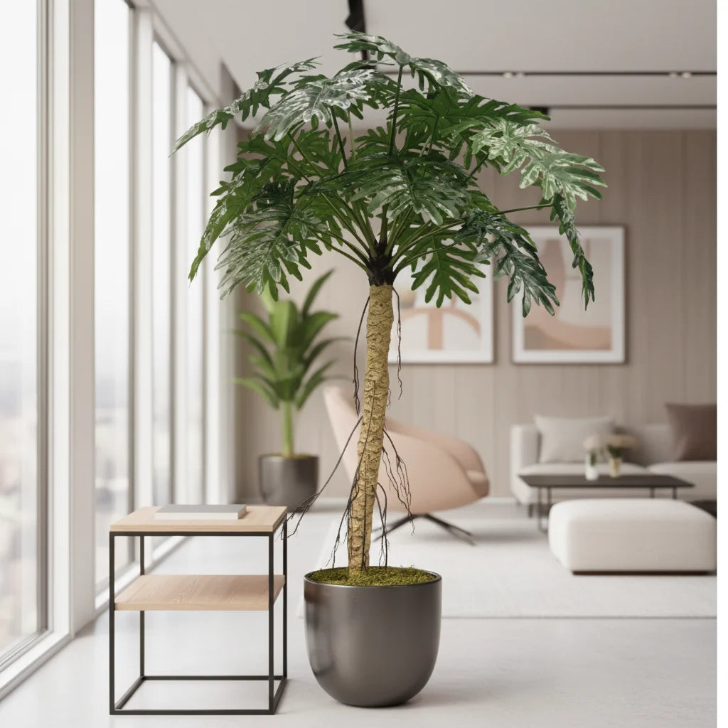 Leaf Calathea Bonsai Faux Plant UV Resistant Green Artificial Tree Tropical Design Made of Fabric and Plastic Monstera Style
