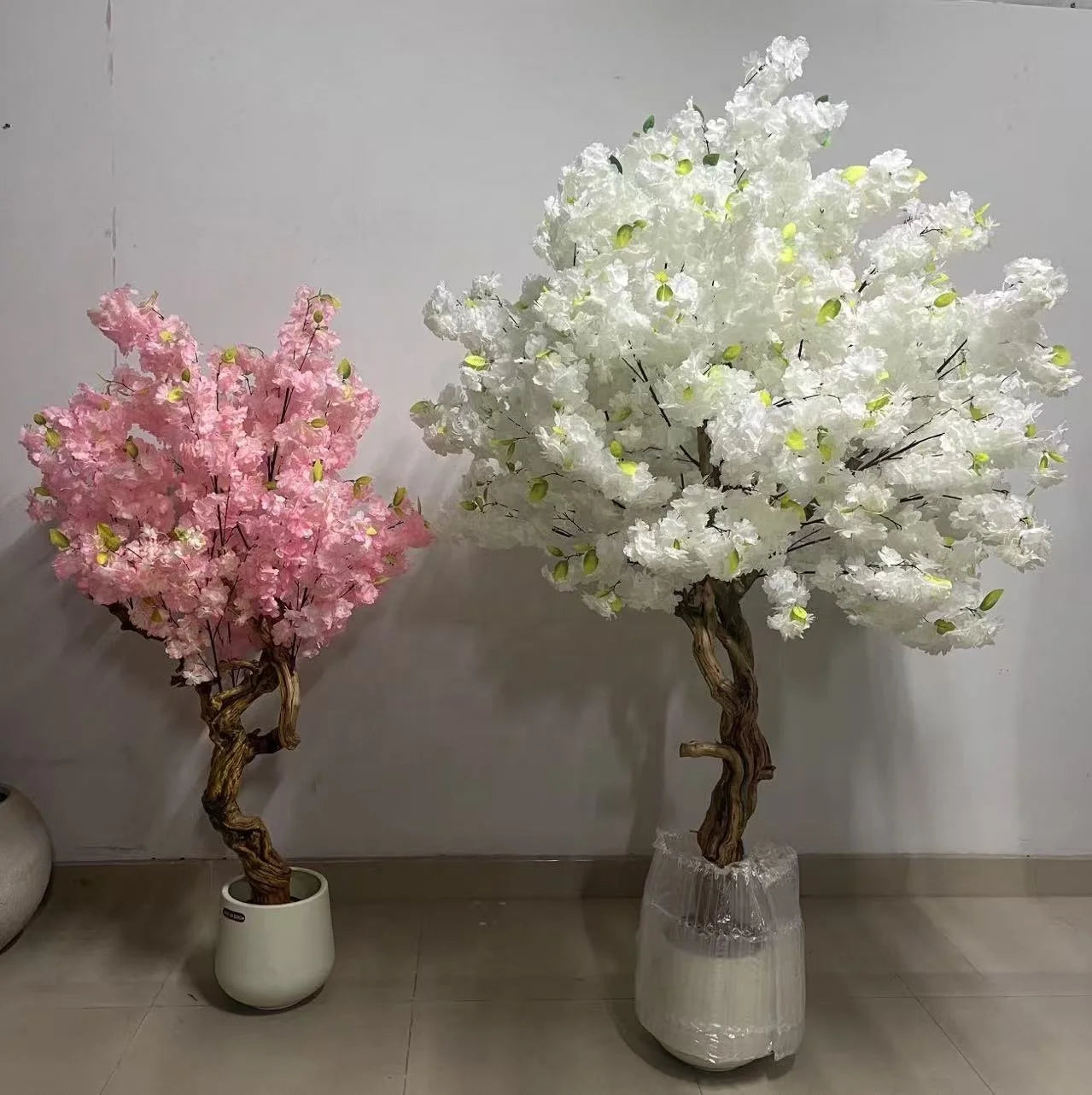 White Cherry Blossom Trees Artificial PE Trunk with Silk Grass Eco-Friendly Lightweight  for Indoor/Outdoor Use