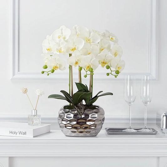 Wholesale Home and Garden Decoration Artificial Orchid Plant with Plastic Leaves and Flowers